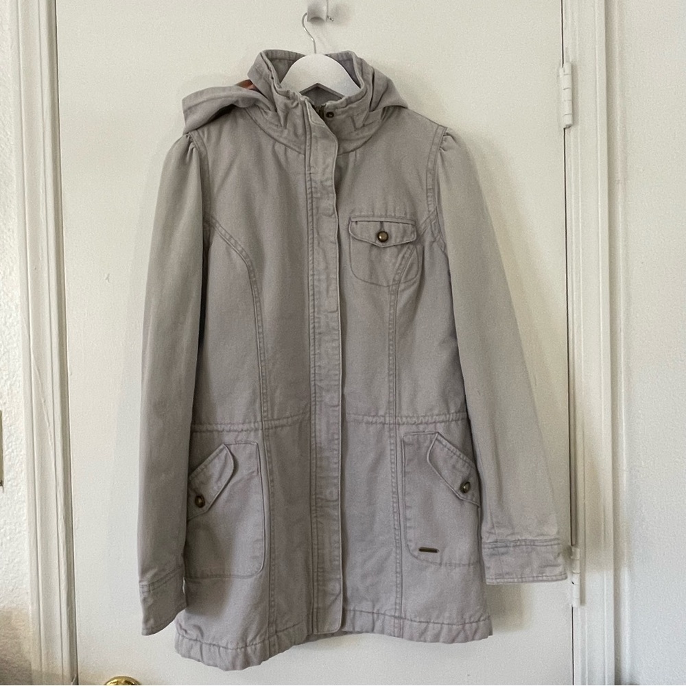 Vintage Roxy Cotton Canvas Utility Jacket Plaid Hood Gray Size Large Y2K